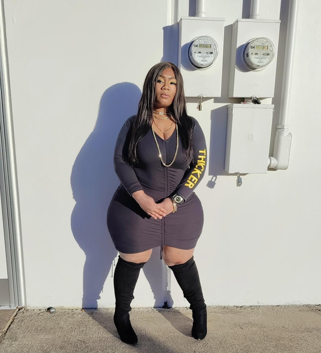 Black and Gold Long sleeve Ruche Dress